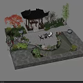 Chinese Garden Landscape With Black Tiled Pavilion Red Maple Tree Small Pond And Stone Area