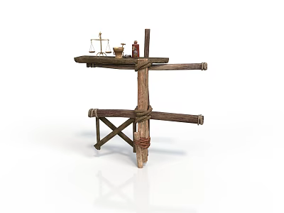 Rustic Ancient Wooden Measuring Device With Balance Scale And Small Bottle 3d model