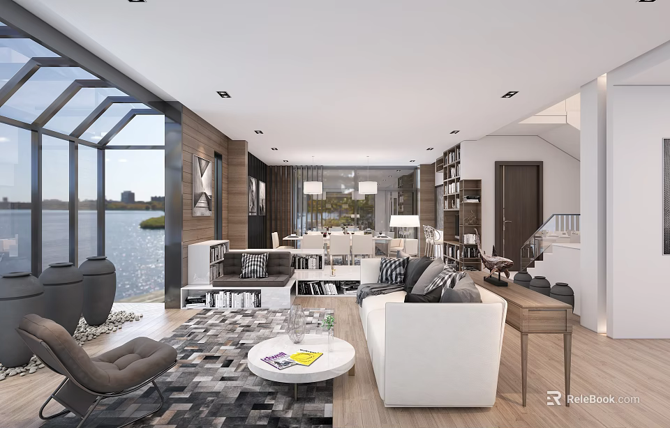 Modern Living and Dining Room Interior With Lake View Large Windows And Open Layout 3d model 