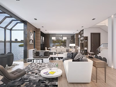 Modern Living and Dining Room Interior With Lake View Large Windows And Open Layout 3d model