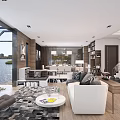 Modern Living and Dining Room Interior With Lake View Large Windows And Open Layout