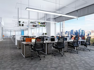 Modern Public Office Space with Open Layout Desks Office Chairs and City View Windows 3d model