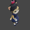 Cartoon Cat Character With Black Hair Red Bow Blue Plaid Dress And White Object