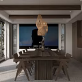 Cozy Rustic Dining Living Room Interior With Wooden Beams Decorative Shelves And Pendant Light