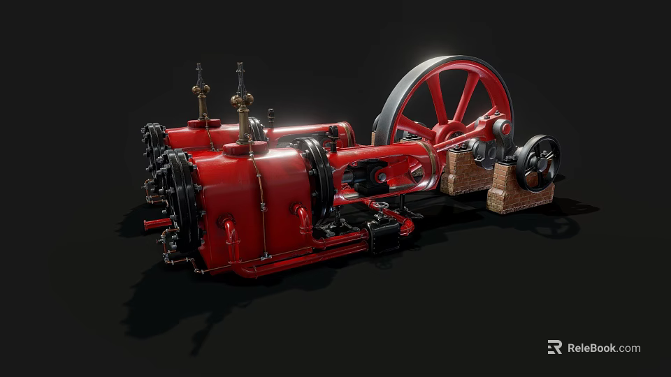 Red Steam Locomotive Model With Large Wheels And Mechanical Parts On Black Background 3d model 