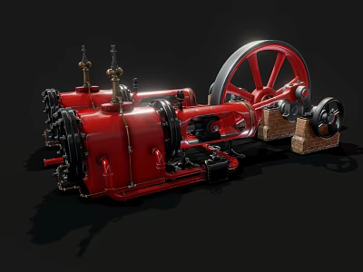 Red Steam Locomotive Model With Large Wheels And Mechanical Parts On Black Background 3d model