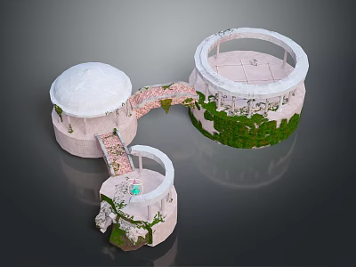 Circular Architectural Structure With White Domes Connecting Bridge Green Vines Staircase And Small Pond 3d model