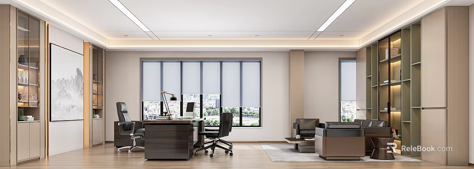 Modern Office Interior Design With Wooden Desk Office Chairs Sofa And Large Windows 3d model 