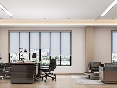 Modern Office Interior Design With Wooden Desk Office Chairs Sofa And Large Windows 3d model
