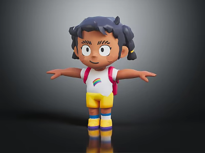 Cute Kids 3D Cartoon Character With Rainbow T Shirt Yellow Shorts And Red Backpack 3d model