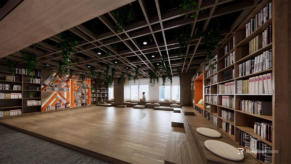 Book Art Library Interior With Spacious Wooden Floor Green Plants And Bookshelves 3d model 