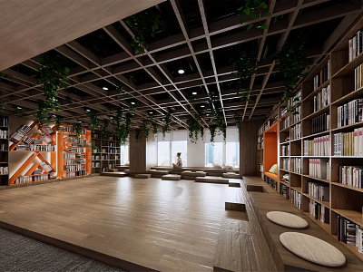 Book Art Library Interior With Spacious Wooden Floor Green Plants And Bookshelves 3d model