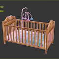 Children's Orange Wooden Baby Crib with Colorful Mobile and Patterned Mattress