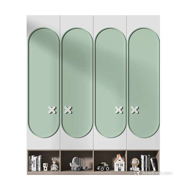 Modern Wardrobe With Four Green Doors Oval Design White Cross Handles Open Storage Below 3d model 