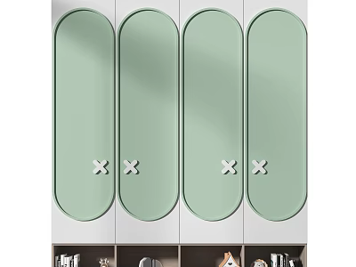 Modern Wardrobe With Four Green Doors Oval Design White Cross Handles Open Storage Below 3d model