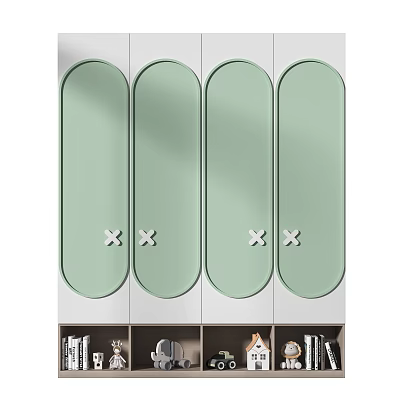 Modern Wardrobe With Four Green Doors Oval Design White Cross Handles Open Storage Below 3d model