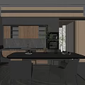 Modern Restaurant Interior With Wooden Cabinets Black Countertop Dining Table Chairs And Decorative Plant