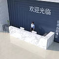 Modern Marble Reception Desk With Blue Wall Welcome Sign Receptionist And Glossy Floor