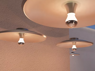 Three Modern Wall Lamps On Wall With Round Shades And Visible Light Bulbs 3d model