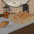 Fresh Croissants in Wicker Basket with French Press Coffee and Plate on Wooden Table