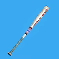 Metal Baseball Bat With BoomHz Logo Red Blue Stripes And Gray Grip On Blue Background