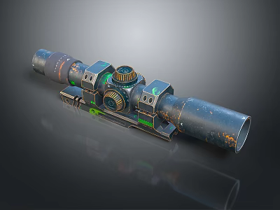 Dark Worn Scope With Green Glowing Elements And Gear Structure Design 3d model