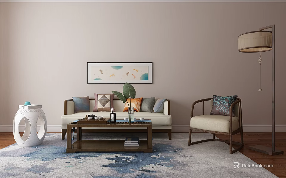 Modern Sofa Coffee Table Set With Accent Chair Wall Art And Cozy Area Rug 3d model