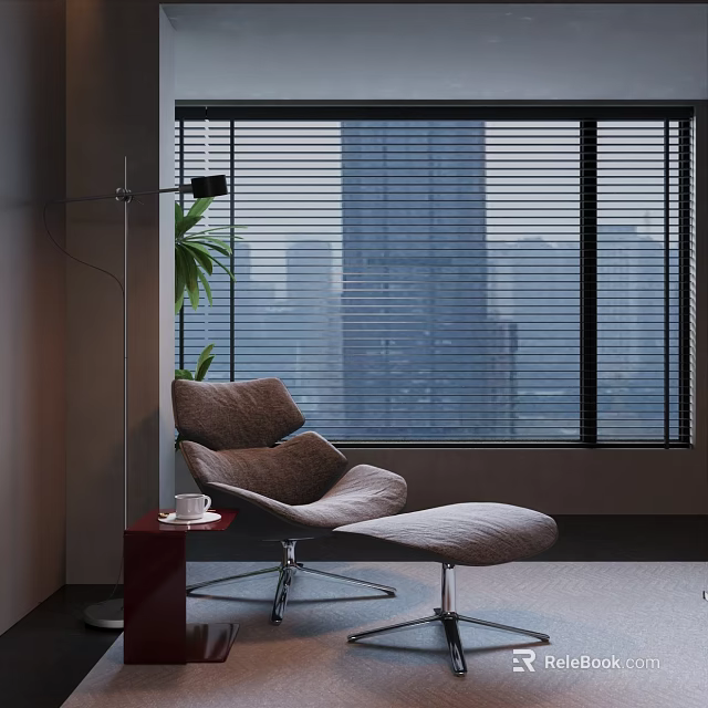Modern Lounge Chair With Side Table Cup Floor Lamp Plant By Window Blinds City View 3d model 