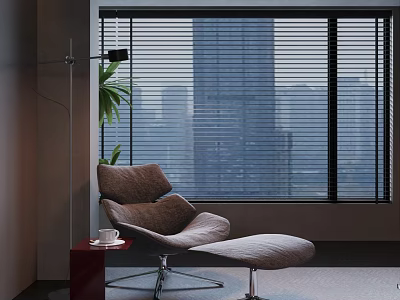 Modern Lounge Chair With Side Table Cup Floor Lamp Plant By Window Blinds City View 3d model