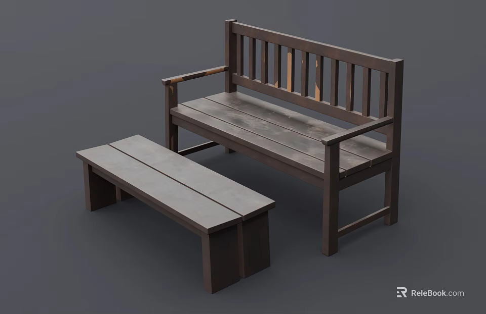Wooden Public Bench With Backrest Armrest And Smaller Companion Bench 3d model 