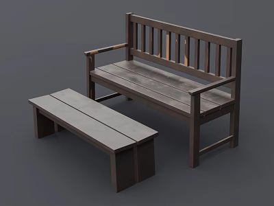 Wooden Public Bench With Backrest Armrest And Smaller Companion Bench 3d model