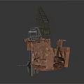 Construction Scene With Crane Rock Formation Bridge Structure Metal Frames And Debris