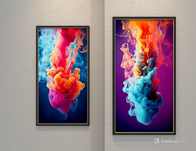 Vibrant Abstract Paintings With Colorful Ink Swirls And Black Frames On Wall 3d model 