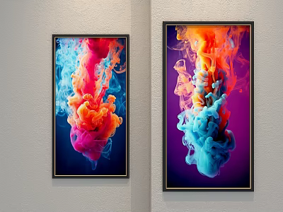Vibrant Abstract Paintings With Colorful Ink Swirls And Black Frames On Wall 3d model