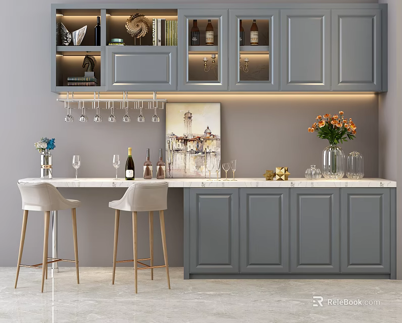 Modern Bar Counter With Gray Cabinets Marble Top Wine Glass Rack And Bar Stools 3d model 