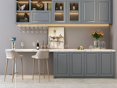 Modern Bar Counter With Gray Cabinets Marble Top Wine Glass Rack And Bar Stools 3d model