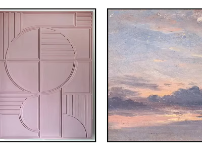 Abstract Geometric Artwork And Sunset Landscape Painting For Home Wall Decor 3d model