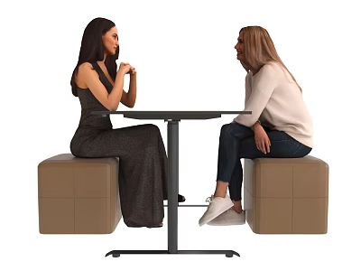 Two Women Chatting at Round Table with Beige Cube Stools 3d model
