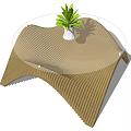 Wooden Wave Shaped Coffee Table With Transparent Tabletop And White Vase Green Plant