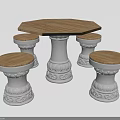 Outdoor Table with Hexagonal Wooden Tabletop and Four Stone Carved Stools 3d model