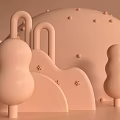 Cartoon Scene With Pastel Pink Hills Trees Lollipops And Mushroom Shapes