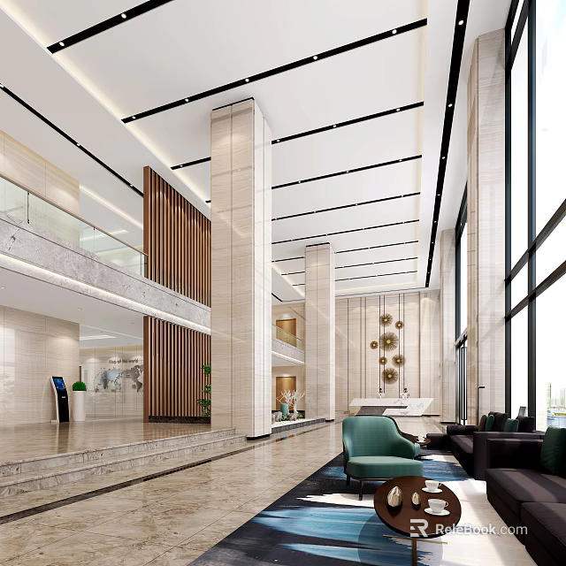 Modern Lobby Front Desk Reception With Marble Floor Pillars Sofas Green Plants And Large Windows 3d model