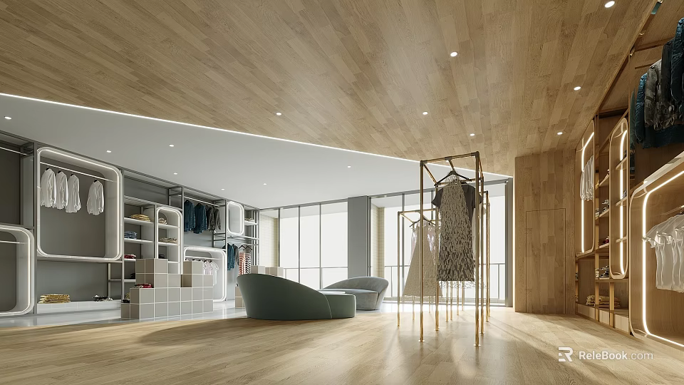 Modern Open Interior Space With Wooden Ceiling Large Windows Clothing Racks And Green Sofa 3d model 