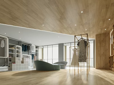Modern Open Interior Space With Wooden Ceiling Large Windows Clothing Racks And Green Sofa 3d model