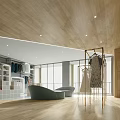 Modern Open Interior Space With Wooden Ceiling Large Windows Clothing Racks And Green Sofa