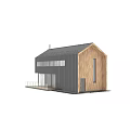 Modern Residential House With Wooden Exterior Metal Cladding Sloped Roof And Large Windows