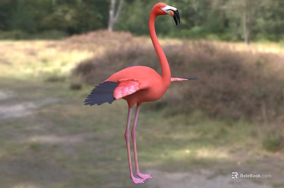 Red Reptile Standing On Grassland With Trees And Bushes Background 3d model