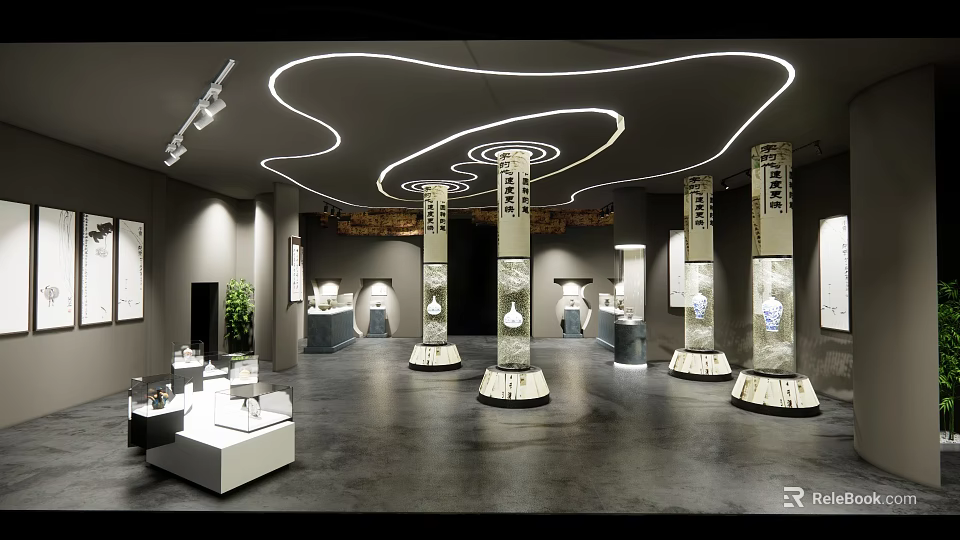 Indoor Exhibition Hall Featuring Carved Columns Gray Floor Curved White Lighting and Display Exhibits 3d model 