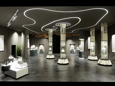 Indoor Exhibition Hall Featuring Carved Columns Gray Floor Curved White Lighting and Display Exhibits 3d model