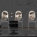 White Dressing Tables With Arched Mirrors Wall Lights And Skincare Bottles On Marble Wall Background